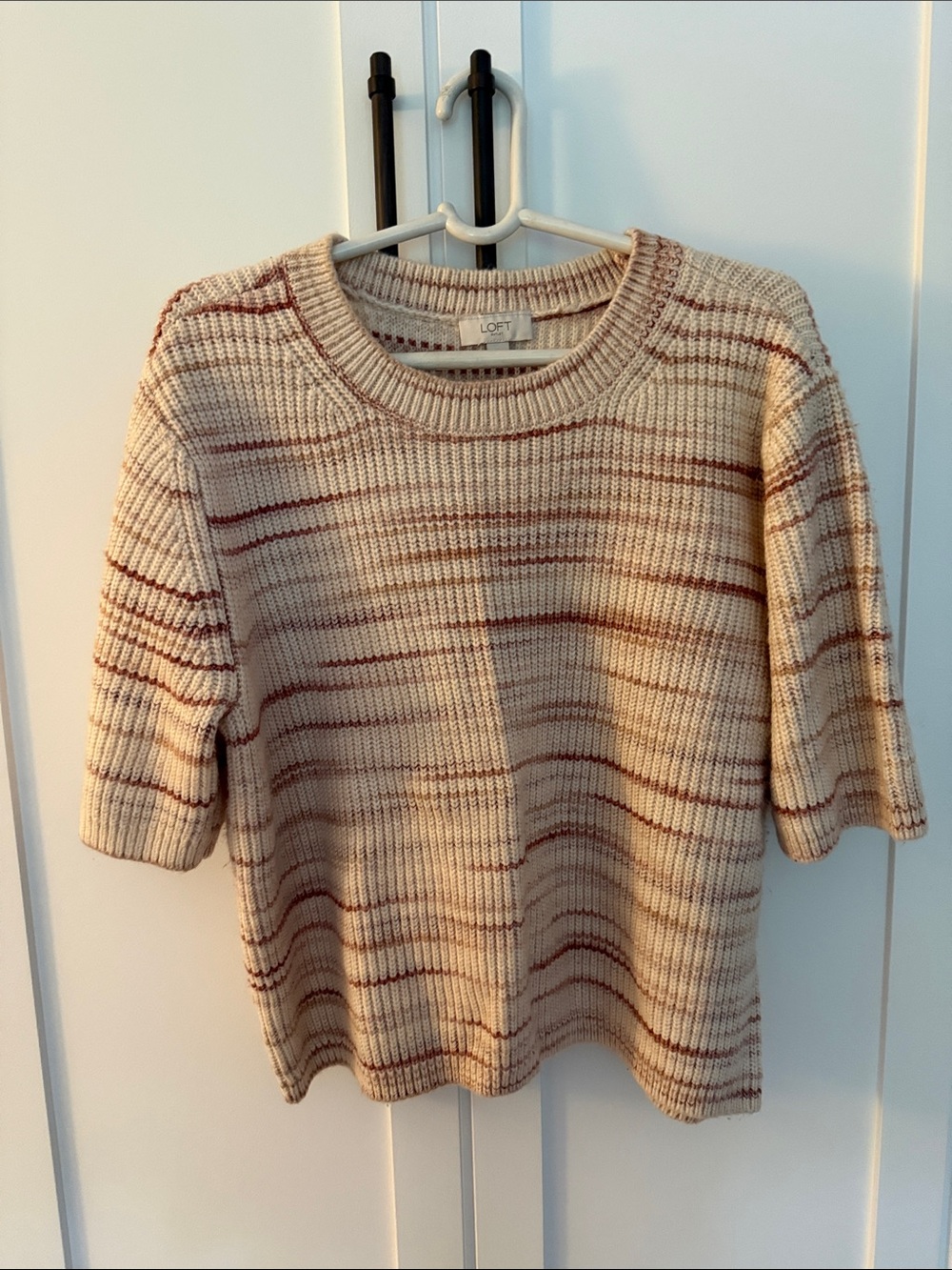 LOFT Cream Short-Sleeve Striped Knit Sweater with Rust Accents
